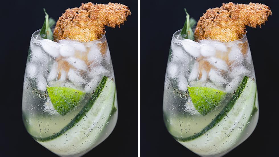Gin og tonic med lam, agurk og lime i gjennomsiktig stettglass