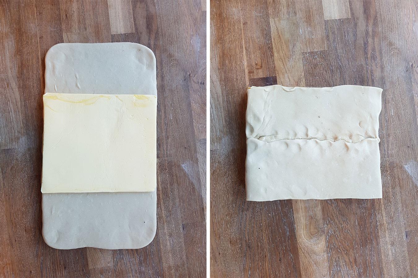 Start med å plassere smøret i midten av deigen og brett deigen over smøret fra alle kanter. Smøret skal være pakket inn som en sandwich eller som et brev.