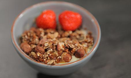 Hjemmelaget granola i skål med yoghurt og jordbær